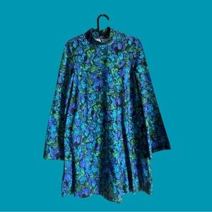 Zara Blue and Green Floral Long Sleeve Mock Neck Dress